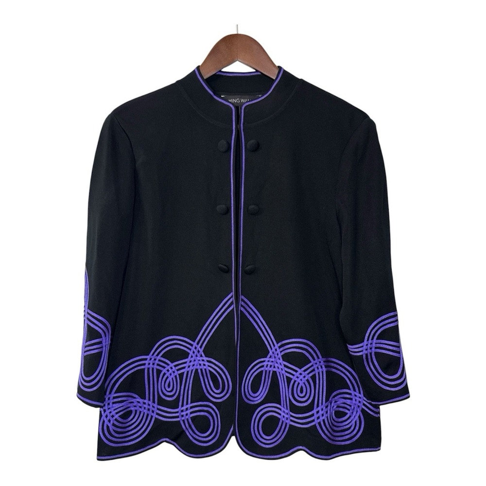 Ming Wang open cardigan sweater women's XL black purple swirl embroidered career